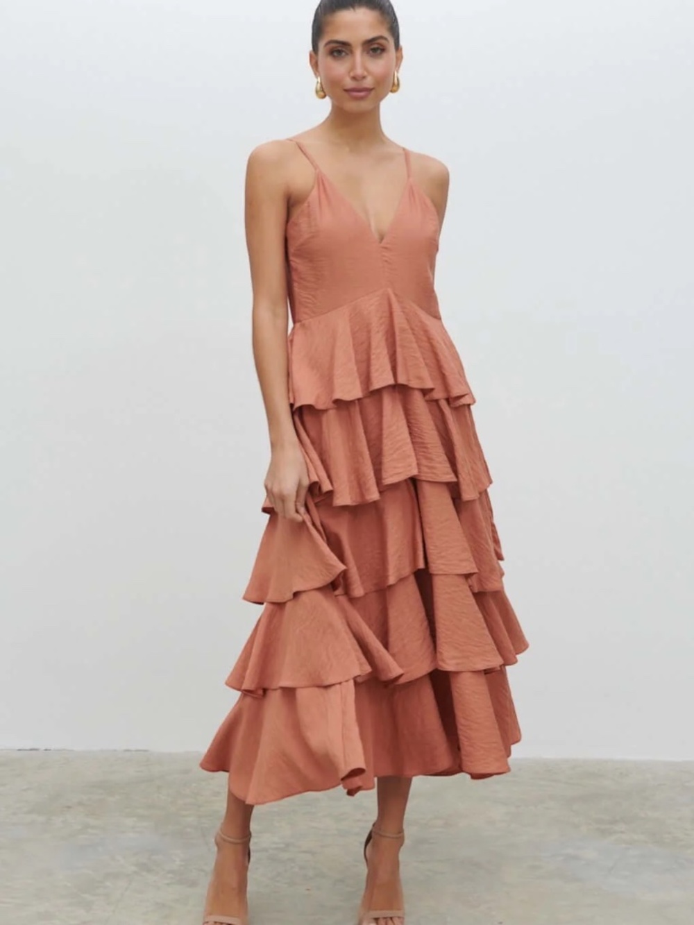 Pretty Lavish Lissy V Neck Tan Blush Textured Midaxi Dress